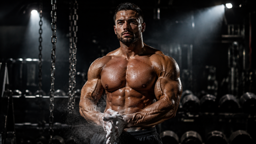 An elite, shredded bodybuilder showcasing extreme muscle hardness and dense vascularity achieved with Ultima-Tren A 100.